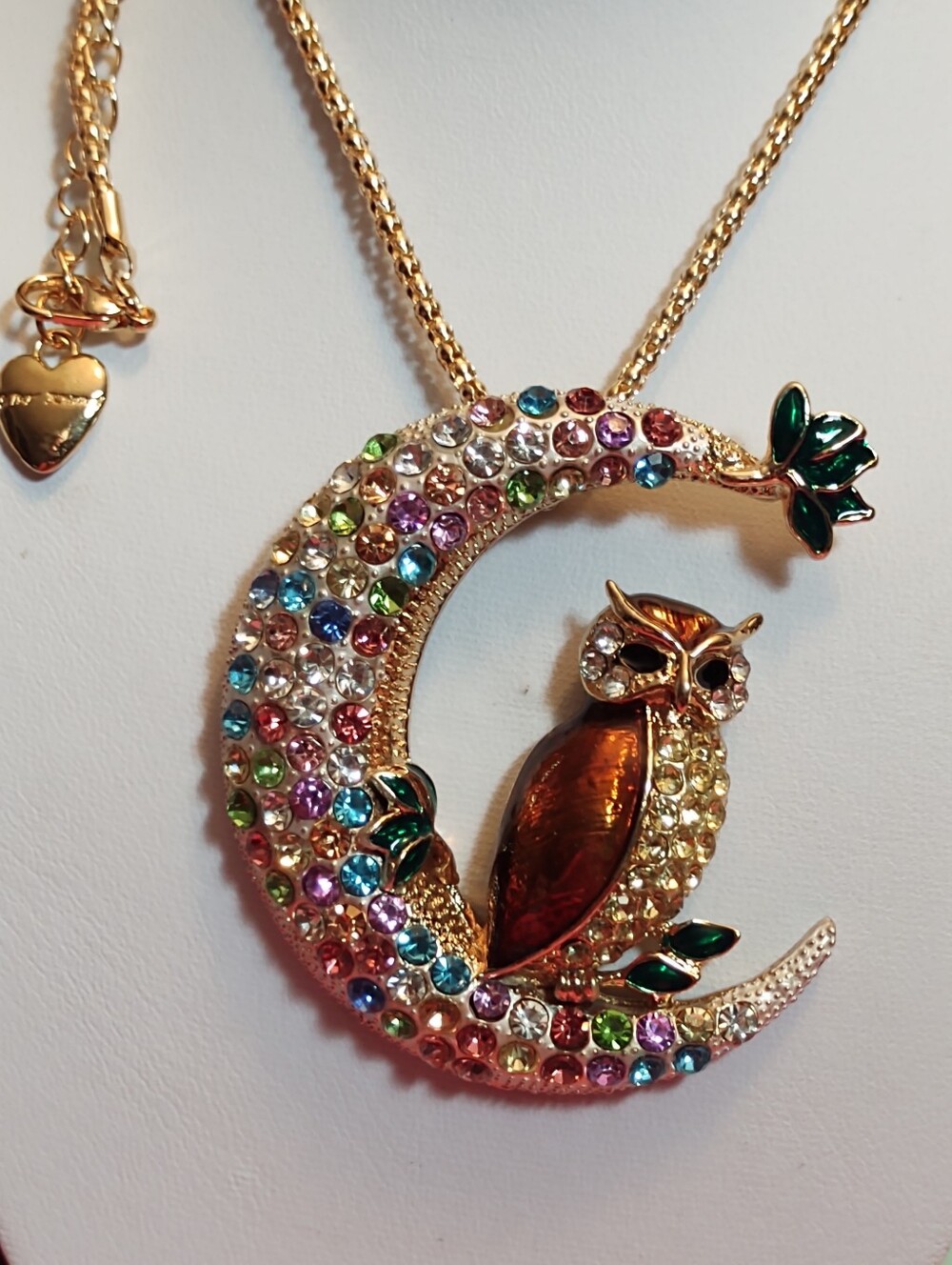 Betsey Johnson Gold-Tone Multicolor Crystal Owl Crescent Necklace